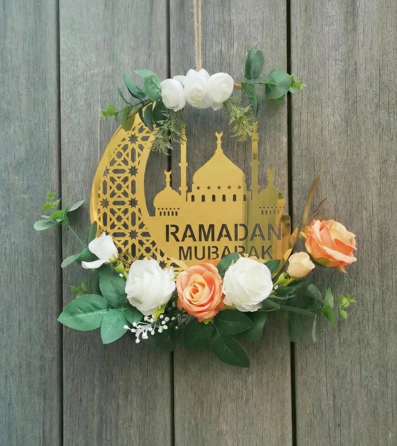 لافتة باب ذهبية من الأكريليك مكتوب عليها "رمضان كريم"، لوحة جدارية إسلامية دائرية مجوفة للمسجد بمناسبة رمضان وعيد الفطر، ديكور منزلي إسلامي أنيق لغرفة المعيشة أو غرفة الحفلات، تصميم داخلي للمنزل - Image 2